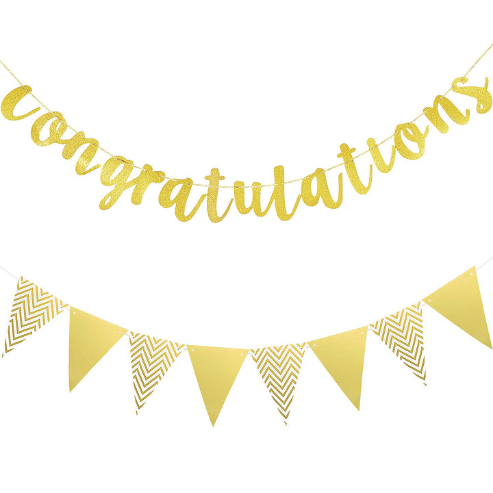 2 Pieces 2020 Gold Congratulations Graduation Banner Triangle Flag Banner Vintage Glitter Congratulations Banner Pennant for Wedding Baby Shower Ceremony Retirement Party Supplies