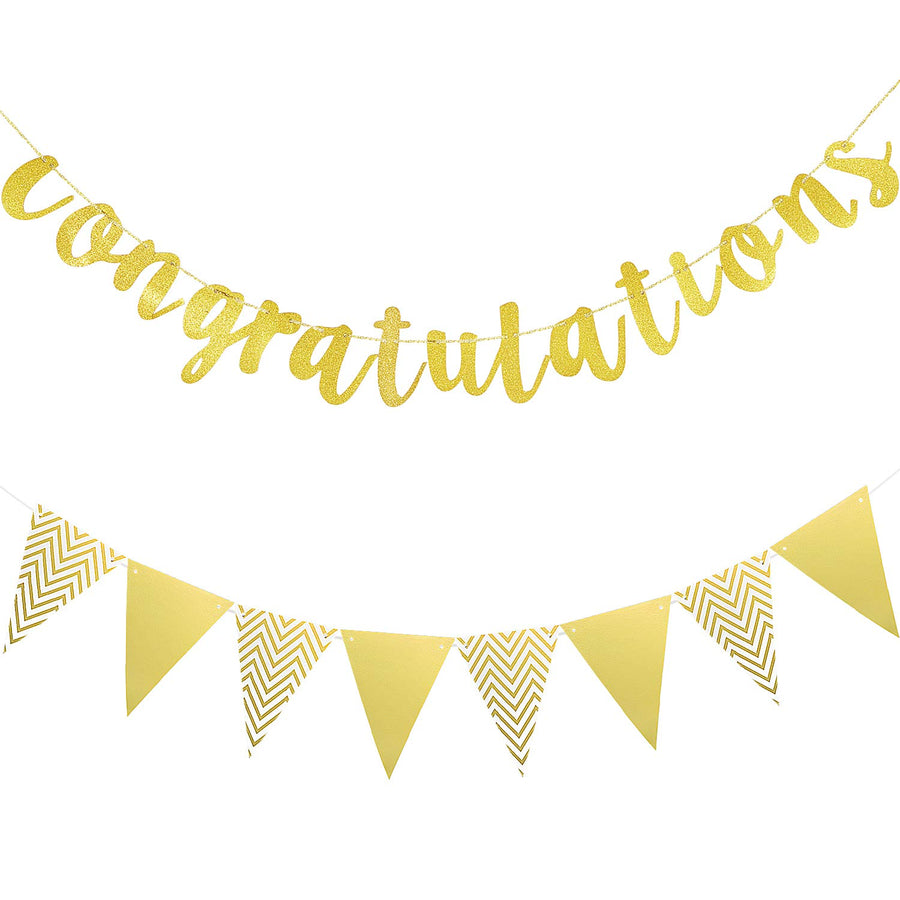 2 Pieces 2020 Gold Congratulations Graduation Banner Triangle Flag Banner Vintage Glitter Congratulations Banner Pennant for Wedding Baby Shower Ceremony Retirement Party Supplies