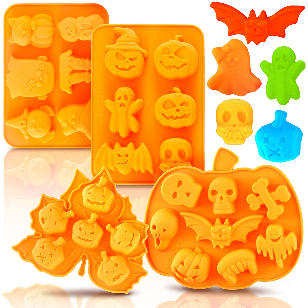 4Pcs Halloween Silicone Molds Rectangle Leaf Pumpkin Shape Candy Mould Tray Pumpkin Ghost Bat Skull Fondant Chocolate Moulds for DIY Craft Cupcake Cake Topper Decor Soap Jelly, Orange