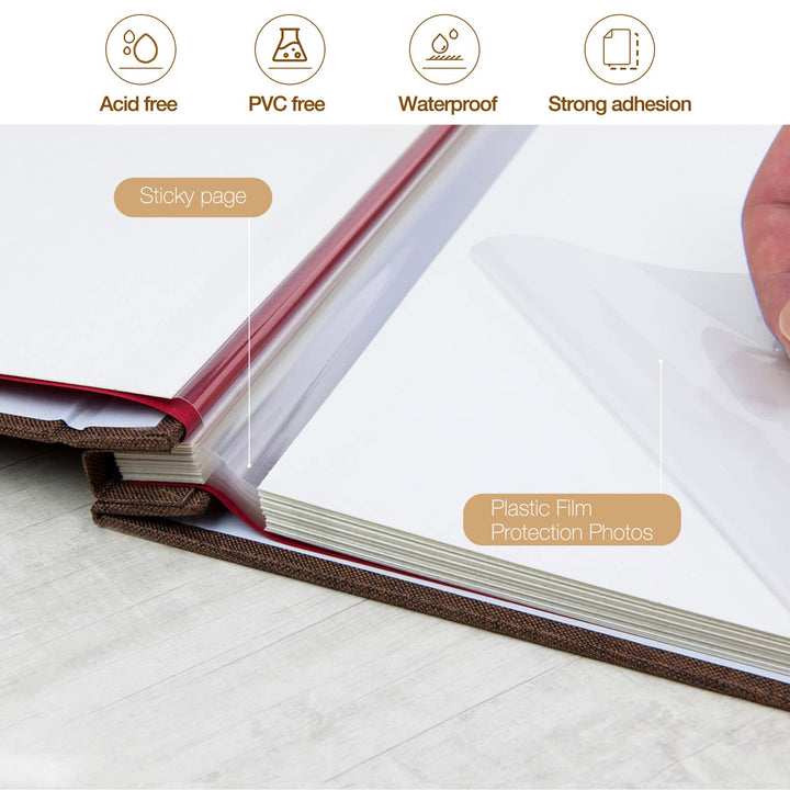 Large Photo Album Self Adhesive 3x5 4x6 5x7 8x10 10x12 Pictures Linen Cover 40 Blank Pages Magnetic DIY Scrapbook Album with A Metallic Pen (Brown, 13.2x12.8 inch 40 Pages)
