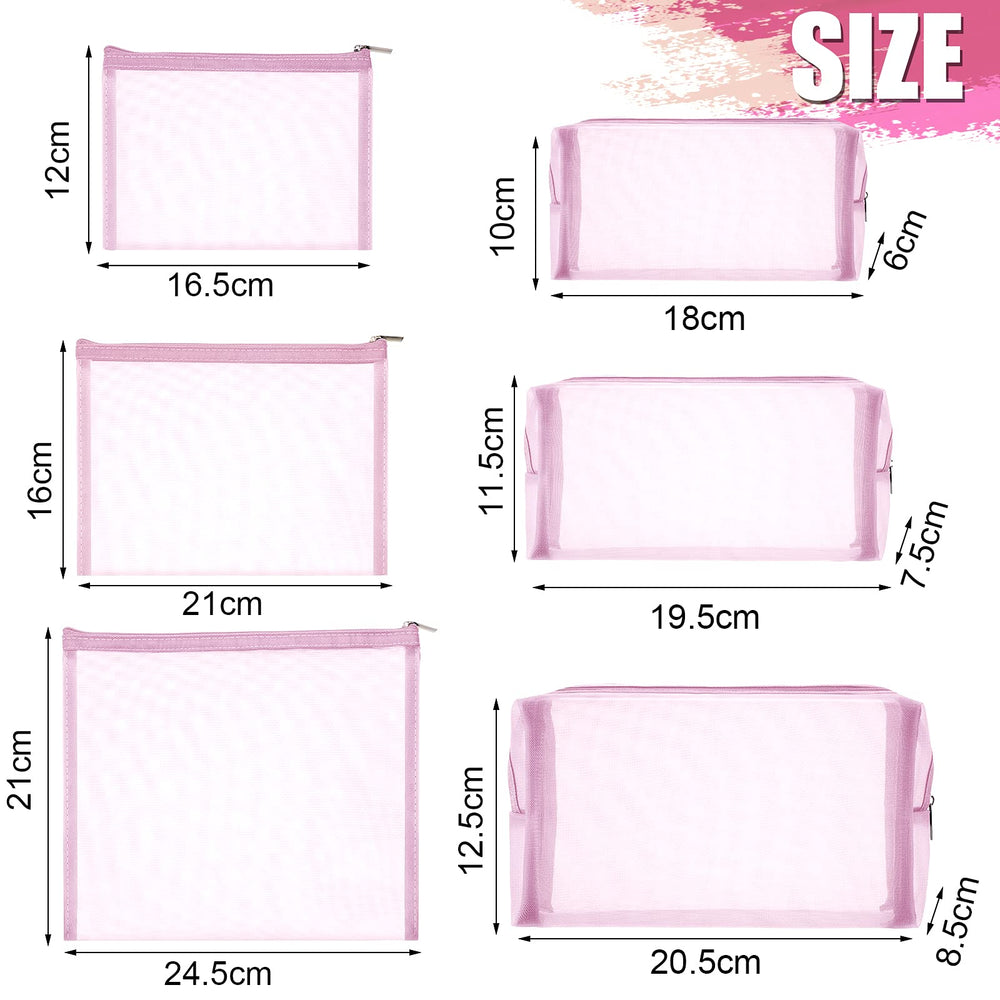 6 Pieces Mesh Makeup Bags Mesh Cosmetic Bag Portable Travel Organizing Zipper Pouch Toiletries Makeup Pouches for Home Office Travel Accessories (Light Pink)