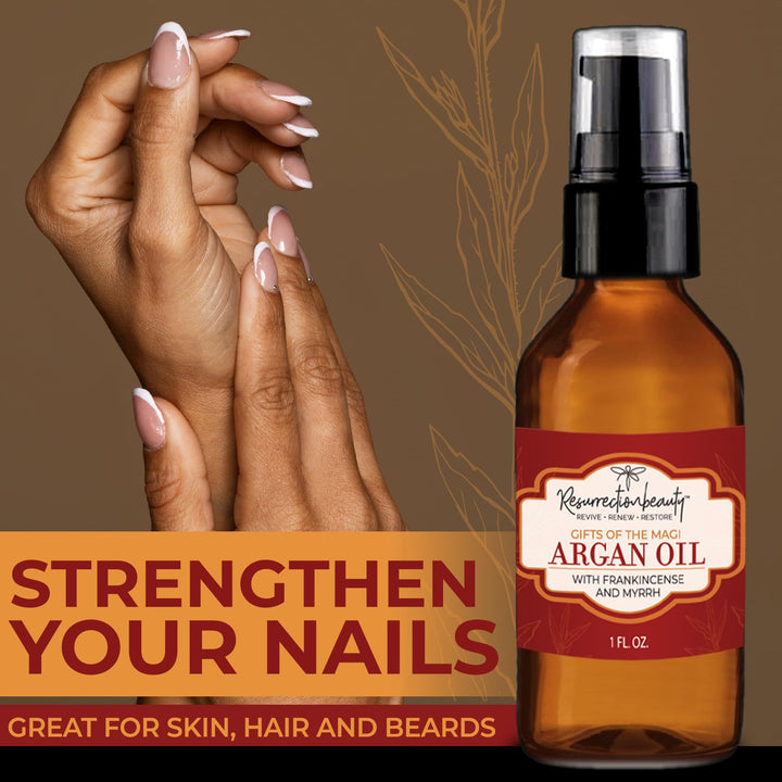 Frankincense and Myrrh Argan Oil For Skin, Hair, Nails and Scars, Pure Organic Liquid Gold Virgin Moroccan Argan Oil Enhanced with Pure Therapeutic Grade Essential Oils of Boswellia Carteri and Commiphora Myrrha, Gifts Of The Magi Moisturizing and An