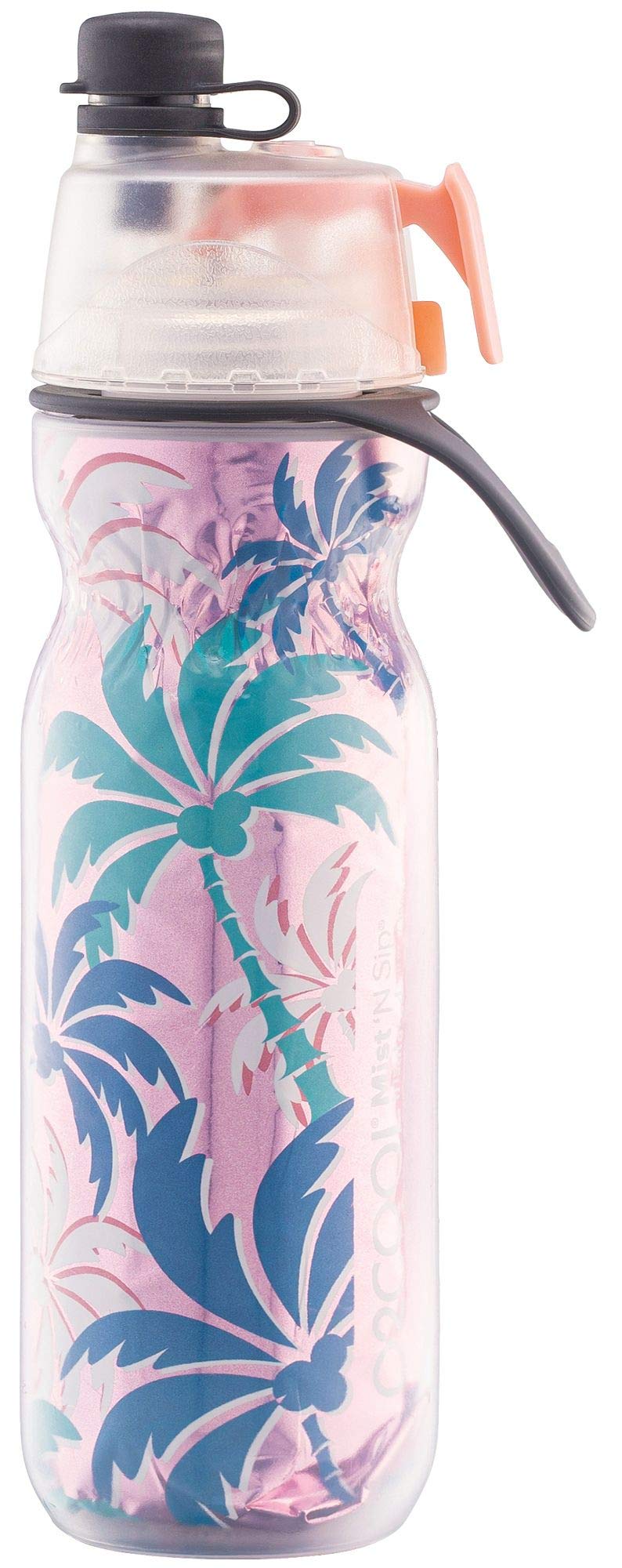 Mist 'N Sip Misting Water Bottle 2-in-1 Mist And Sip Function With No Leak Pull Top Spout Sports Water Bottle Reusable Water Bottle - 20 oz (Pink Palm Tree)