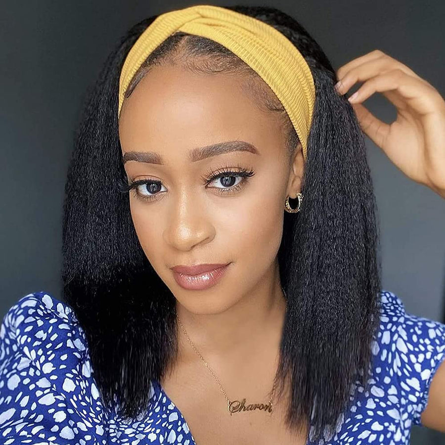 Kinky Straight Headband Wig Human Hair 150% Density Headband Wig Natural Black Kinky Straight Headband Wig 12inch Brazilian Virgin Human Hair Headband Wig Glueless Headband Wig Human Hair