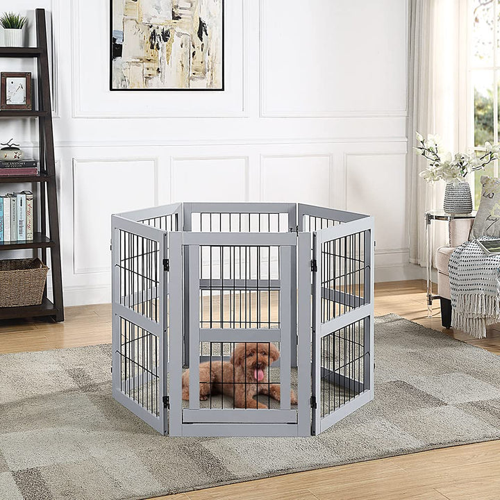 132 Extra Wide Dog Gate and Pet Playpen, Free Standing Tall Dog Fence with Walk Through Door, Dog Barriers for Home, Use as Indoor Dogs Cats Pen, Rabbit Pen, Grey