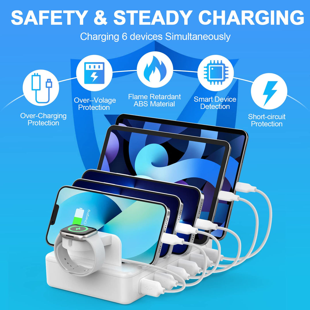 Charging Station for Multiple Devices,50W 6 Ports Charging Dock with 6 Cables Compatible with Cellphone,Tablet, Kindle, Apple Watch and Other Electronic