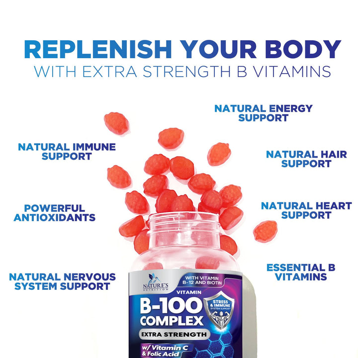 B Complex Gummy with Vitamin C & Folic Acid, Extra Strength Vitamin B Gummies Supplement with Niacin, B6, Folic Acid, Super B12, Biotin, Nature's Energy Immune Support Supplements - 120 Gummies