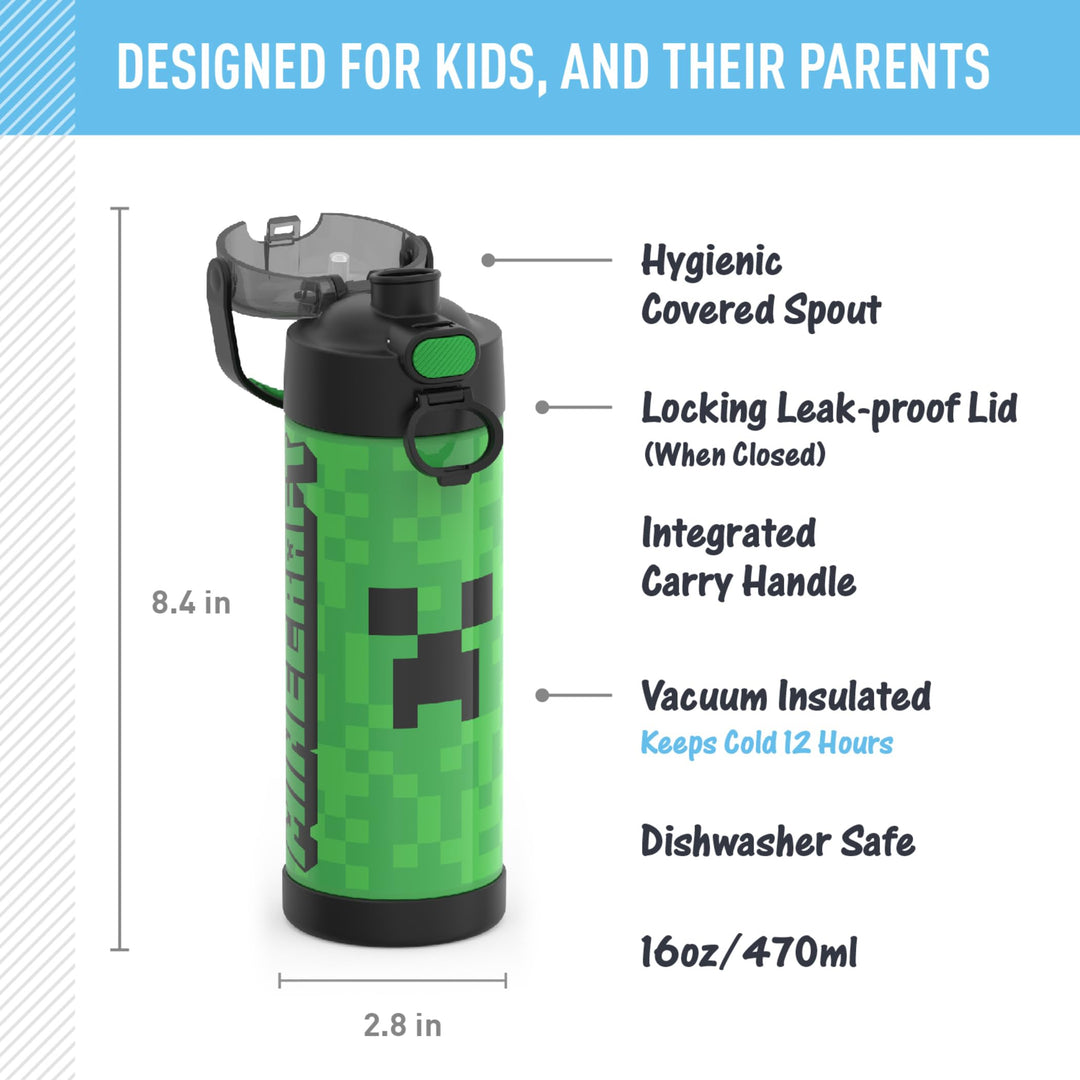 FUNTAINER 16 Ounce Stainless Steel Vacuum Insulated Bottle with Wide Spout Lid, MINECRAFT