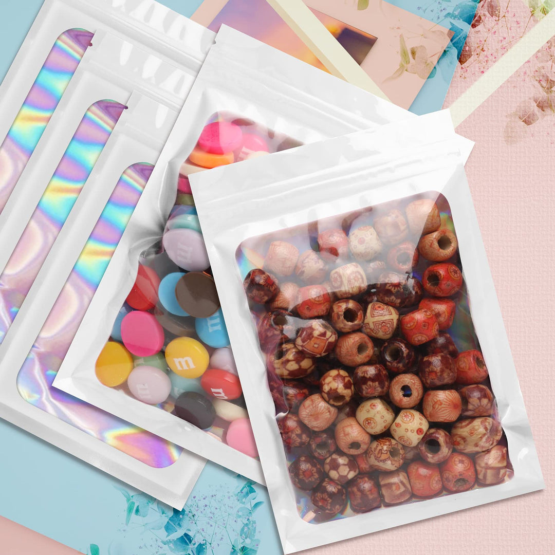 Funfery 100 pcs White Holographic Mylar Packaging Bags,Clear Sealing Resealable Smell Proof Bags Foil Pouch Zipper Bags for Food Storage,Lipgloss,Jewelry,Eyelash Packaging for Small Business(4x6In)