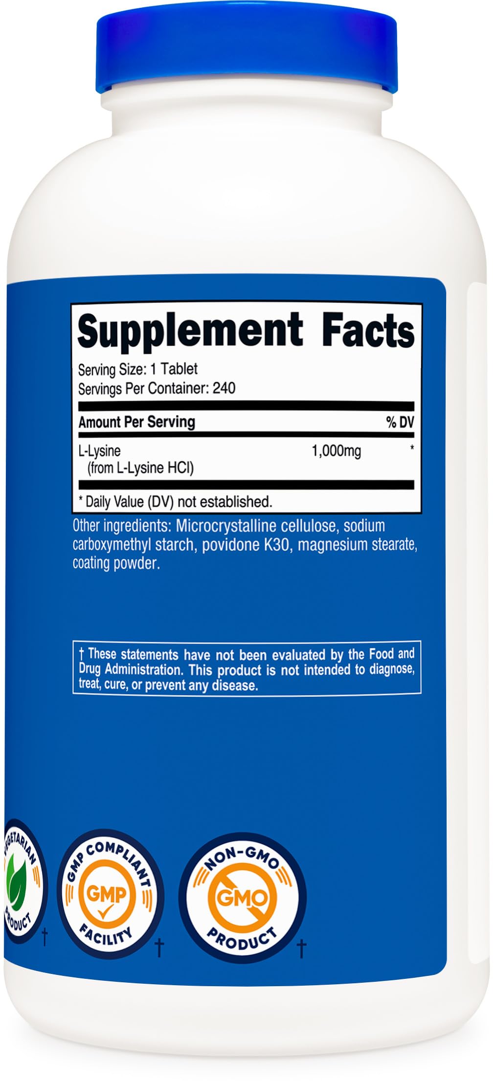L-Lysine 1000mg, 240 Tablets - Gluten Free, Non-GMO, and Vegetarian Friendly