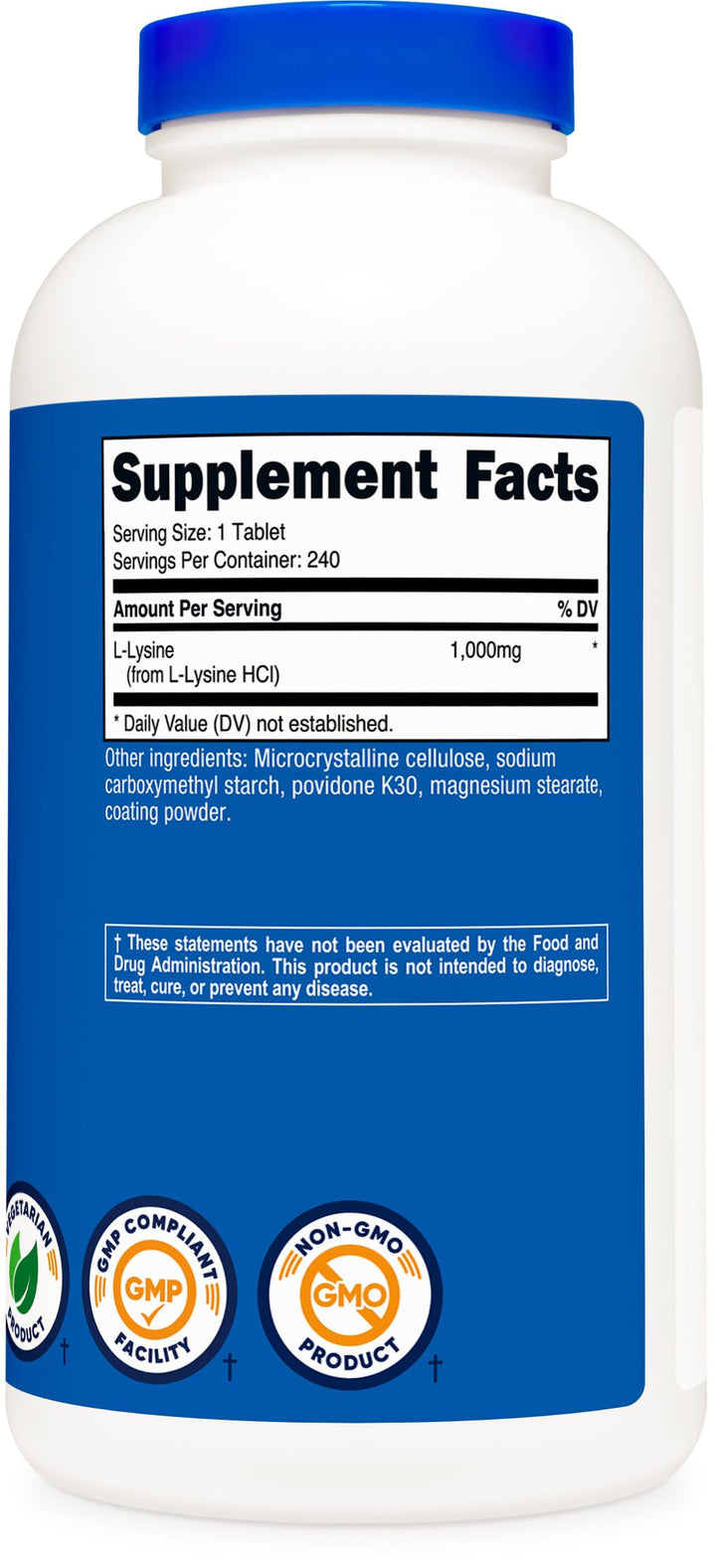 L-Lysine 1000mg, 240 Tablets - Gluten Free, Non-GMO, and Vegetarian Friendly