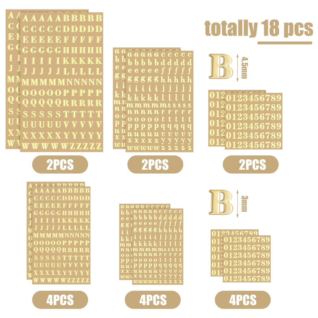 18 Sheets Small Letter Stickers Mini Numbers Stickers Letter Stickers Alphabet Number Stickers Self Adhesive Monogram Letters Scrapbook Lettering Stickers for Arts Craft Decors (Gold)