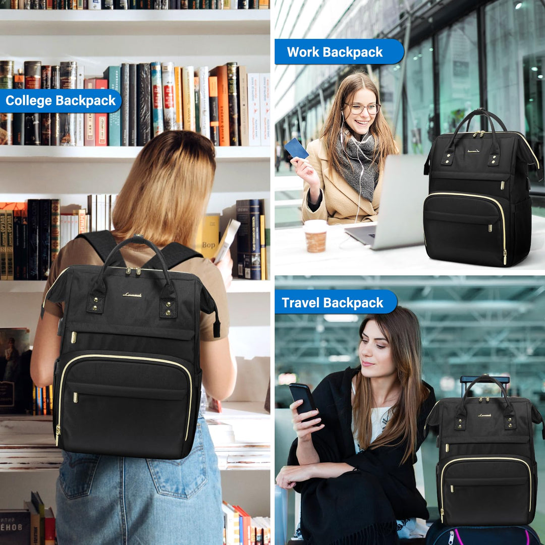 17 inch Laptop Backpack Women, Large Travel Computer Back Pack with USB Charging Port, Anti Theft Backpack for Women Teacher Nurse Work, College Business, Black