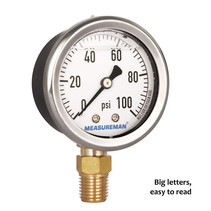 2 Dial Size, Glycerin Filled Plumbing Pressure Gauge, 0-100psi, Black Steel Case, 1/4 NPT Lower Mount