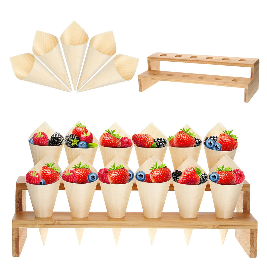 100 Pcs Disposable Wooden Food Cones with 12 Holes Food Cone Display Stand Cone Holder for Charcuterie, Ice Cream, Catered Events, Party or Buffets