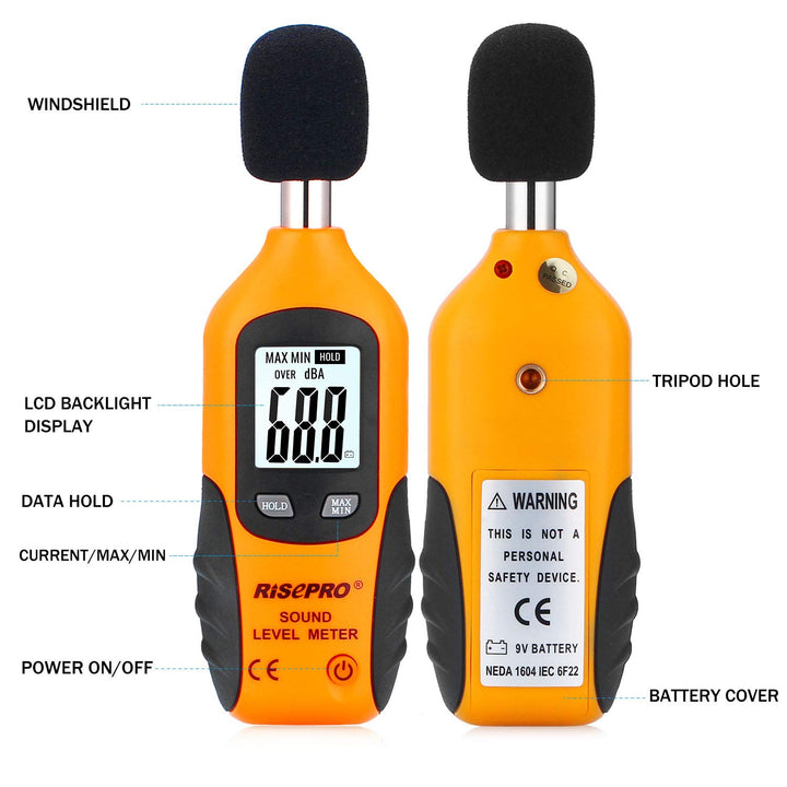 Decibel Meter, ® Digital Sound Level Meter 30 – 130 dB Audio Noise Measure Device Backlight MAX/MIN, Data Hold Auto Power Off Dual Ranges HT-80A