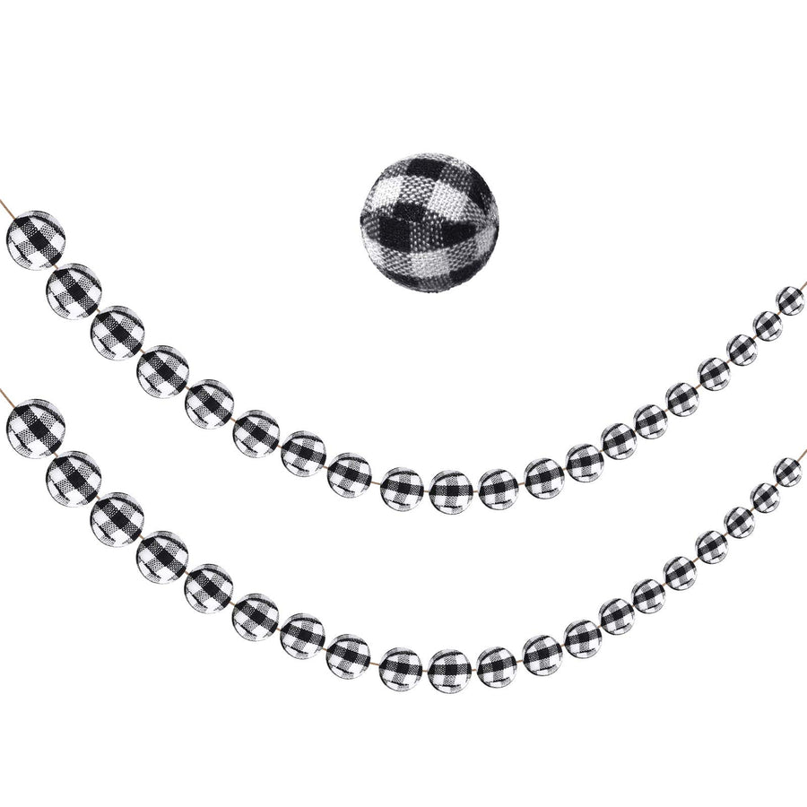 2 Pieces Christmas Buffalo Plaid Ball Garland Christmas Ball Strings Christmas Pom Pom Garland 25 mm 40 Balls for Christmas Wall Fireplace Christmas Tree (Black and White Plaid)