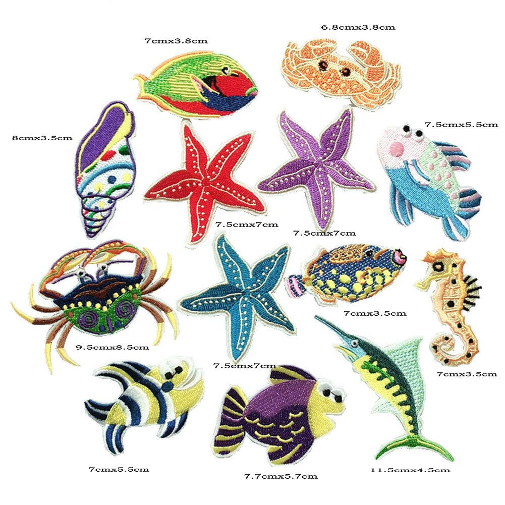 13 Pcs Seabed Ocean Animals Patches Embroidered Iron on Patch for Clothing Badges DIY Stickers Sew Applique