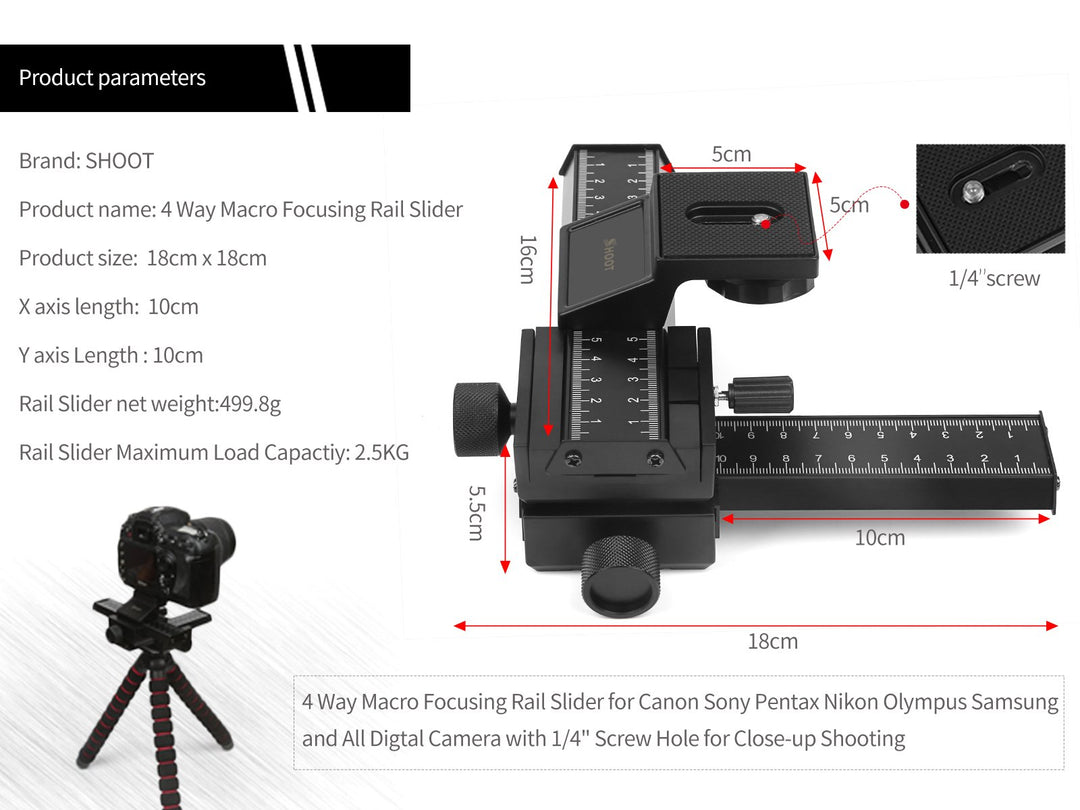 D&F 4 Way Fousing Rail Slider Aluminum Macro Close-Up Stand for Canon Nikon Sony Pentax Olympus and Other DSLR Camera and DC with Standard 1/4 Screw Thread