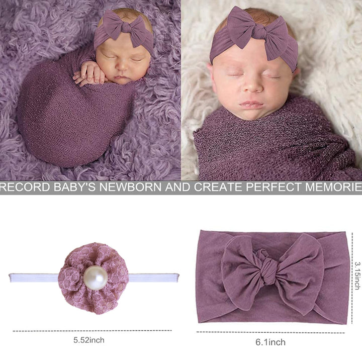 4 Pcs Newborn Photography Props Outfits- Baby Long Ripple Wrap and Toddler Swaddle Blankets Photography Mat with Cute Headbands for Infant Boys Girls(0-12 Months) (Purple)