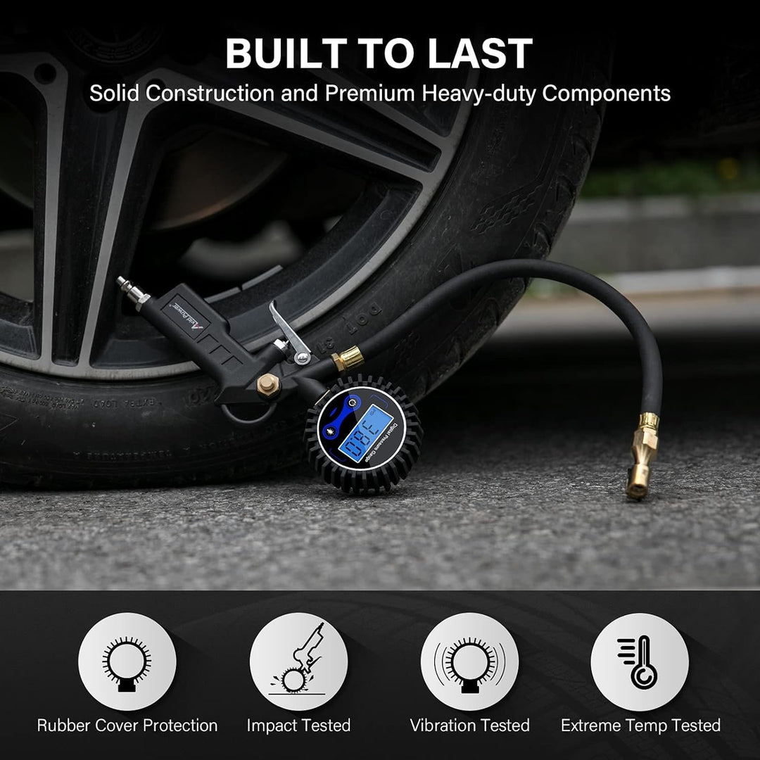 Digital Tire Pressure Gauge, Tire Inflator with Pressure Gauge 200PSI, Heavy Duty Air Chuck, Quick Connect Coupler for Air Compressor, Highly Accurate, Pressure Gauge with Deflator
