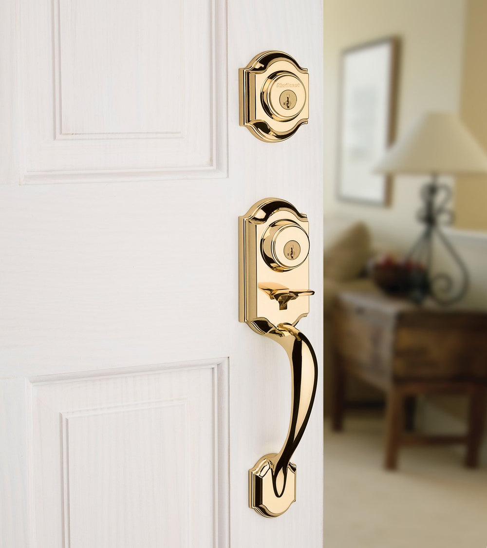 Montara Front Door Lock Handle and Deadbolt Set, Entry Handleset Exterior with Interior Door Knob, Polished Brass, Pick Resistant SmartKey Rekey Deadbolt Security