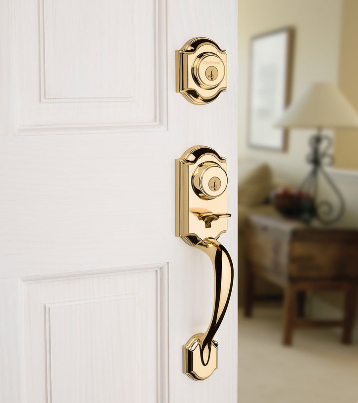 Montara Front Door Lock Handle and Deadbolt Set, Entry Handleset Exterior with Interior Door Knob, Polished Brass, Pick Resistant SmartKey Rekey Deadbolt Security