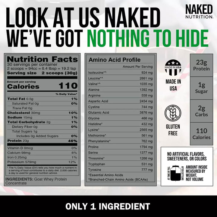 Naked Nutrition 100% Pasture Fed Goat Whey Protein Powder - 30 Servings
