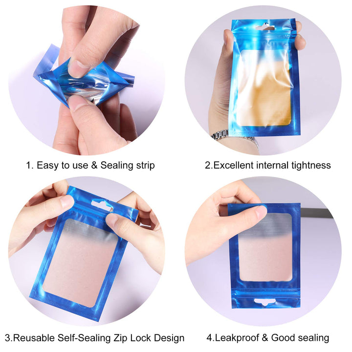 100 Pieces Resealable Mylar Ziplock Bags, Clear Zipper Lock Food Storage Bags with Resealable Window Packaging Pouch for Self Sealing Coffee Bean Candy Storage Supplies (Blue 3 x 4.7 Inch)