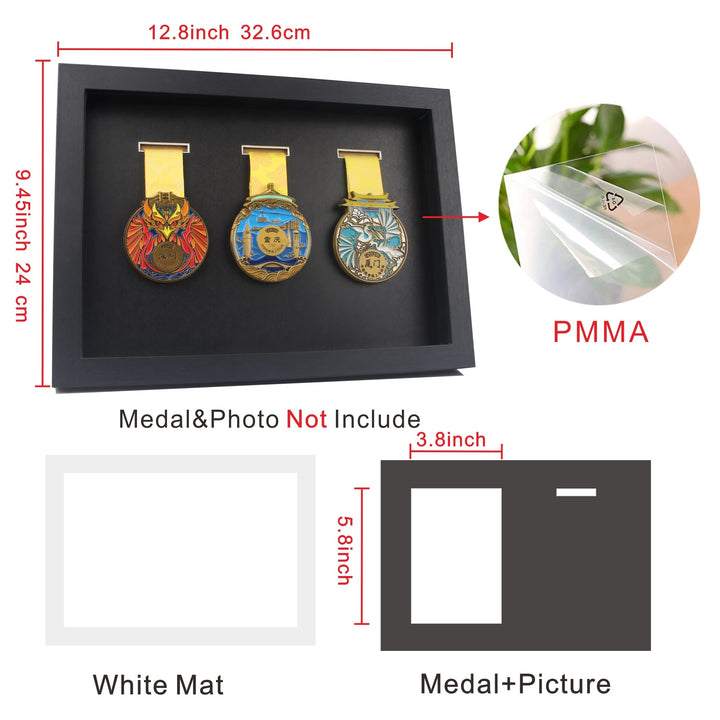 Medal Display Shadow Box - 3 Medal Display case - Perfect Medal Display for Runners, Marathon, RECE Winner, Soccer, Football, Gymnastics & All Sports (A4, black)