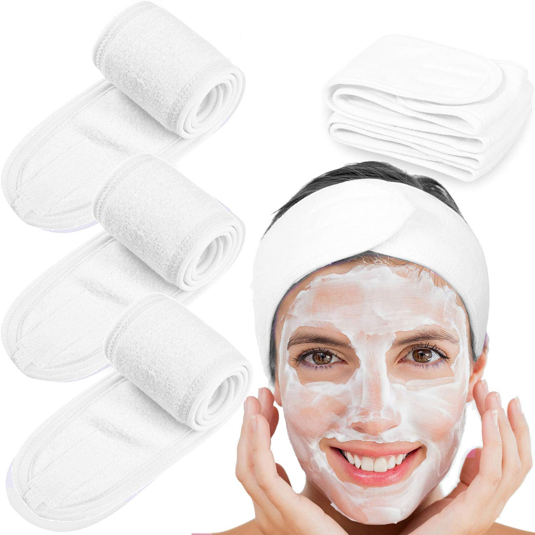 4 Counts Spa Facial Headband Head Wrap Terry Cloth Headband Stretch Towel With Magic Tape For Bath, Makeup And Sport, 3.5&Quot; Wide (White)