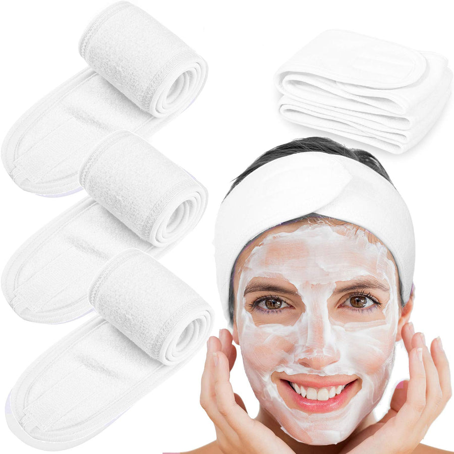 4 Counts Spa Facial Headband Head Wrap Terry Cloth Headband Stretch Towel With Magic Tape For Bath, Makeup And Sport, 3.5&Quot; Wide (White)
