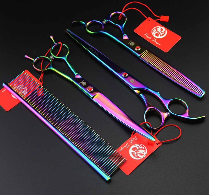 8 inch 3 in 1 Professional Pet Grooming Thinning Scissors - Upward Curved Shears and Dog Hair Cutting Scissor - Perfect for Pet Groomer or Family DIY Use (Rainbow)