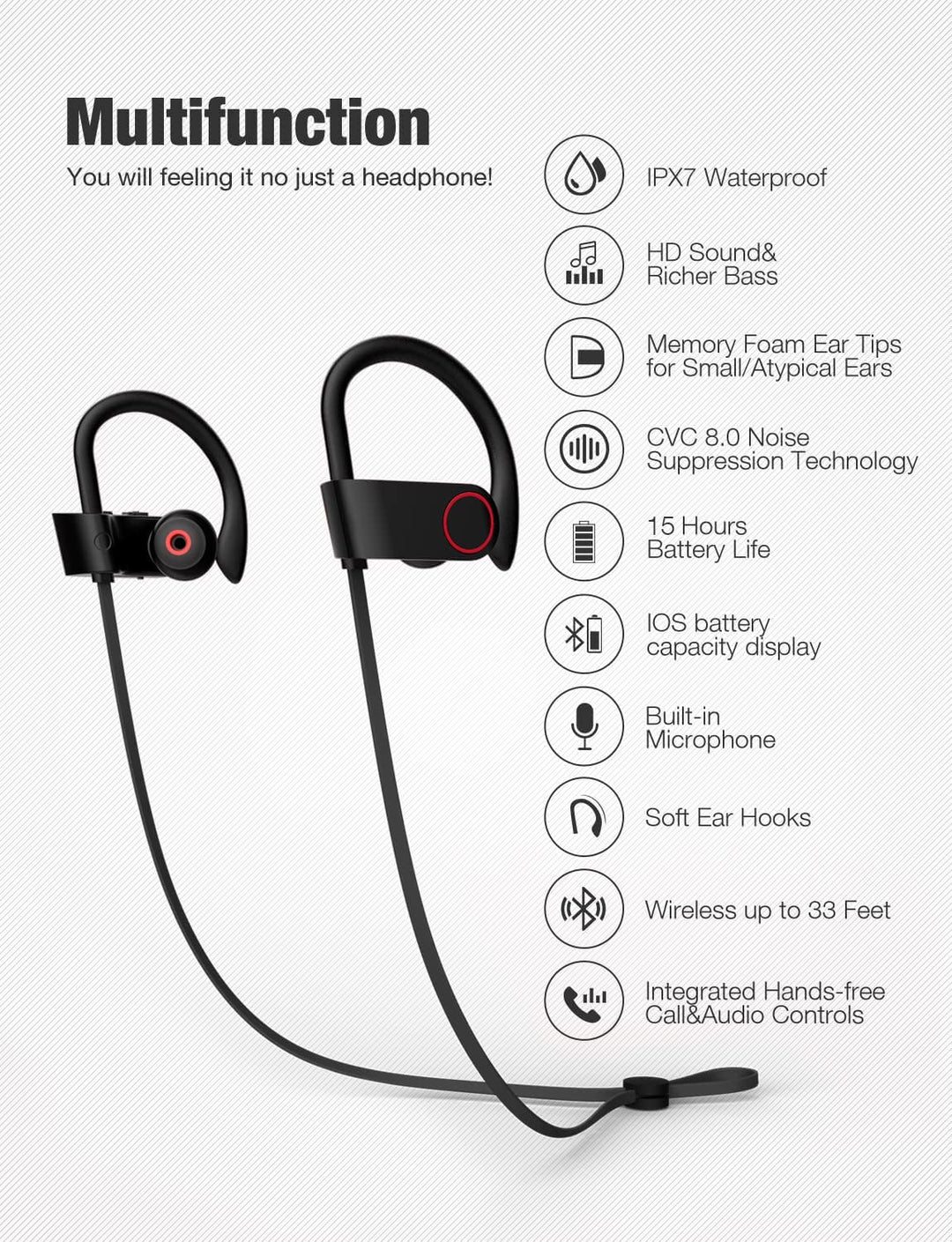 Bluetooth Headphones,Wireless Earbuds IPX7 Waterproof Sports Earphones with Mic HD Stereo Sweatproof in-Ear Earbuds Gym Running Workout 8 Hour Battery Noise Cancelling Headsets