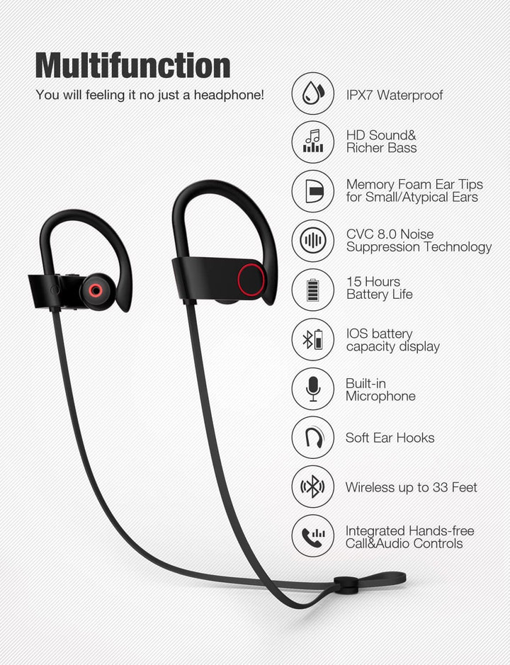 Bluetooth Headphones,Wireless Earbuds IPX7 Waterproof Sports Earphones with Mic HD Stereo Sweatproof in-Ear Earbuds Gym Running Workout 8 Hour Battery Noise Cancelling Headsets