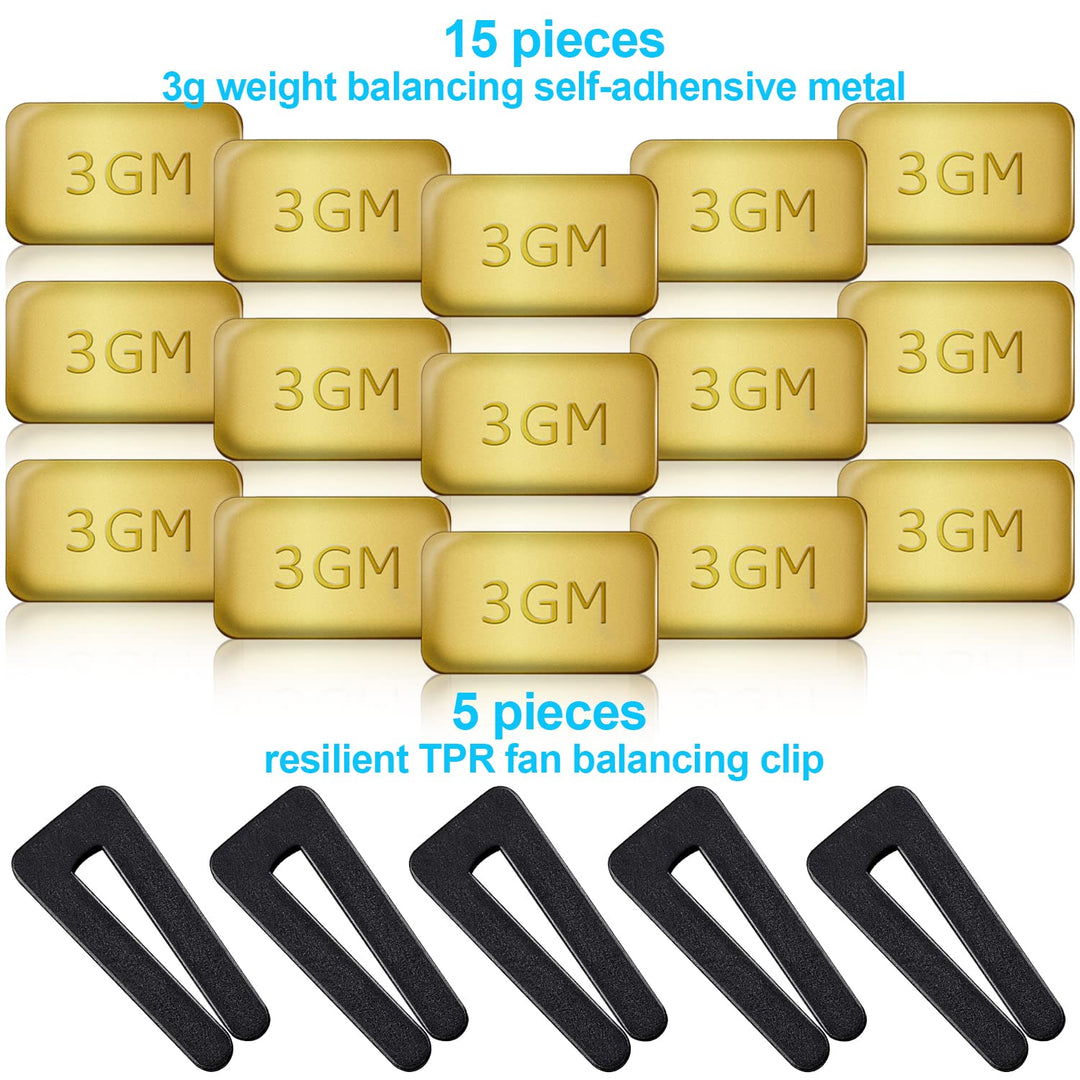 20 PCS Ceiling Fan Balancing Kit, 5 Sets High Calibration Fan Blade Balance Kit Including 5 Pcs Resilient Fan Balance Clips and 15 Pcs Metal Self-Adhesive 3G Weight