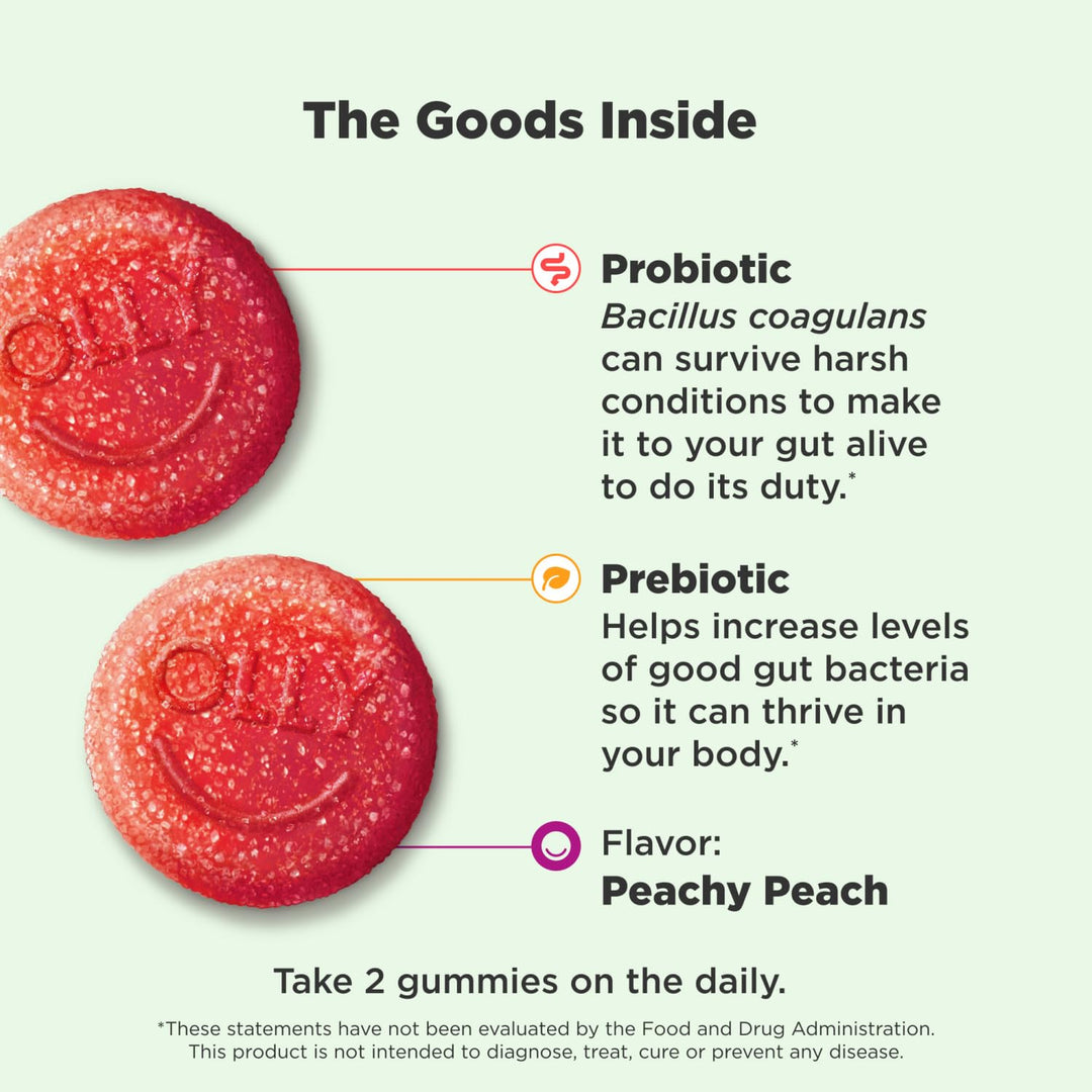 Probiotic + Prebiotic Gummy, Digestive Support and Gut Health, 500 Million CFUs, Fiber, Adult Chewable Supplement for Men and Women, Peach, 30 Day Supply - 30 Count