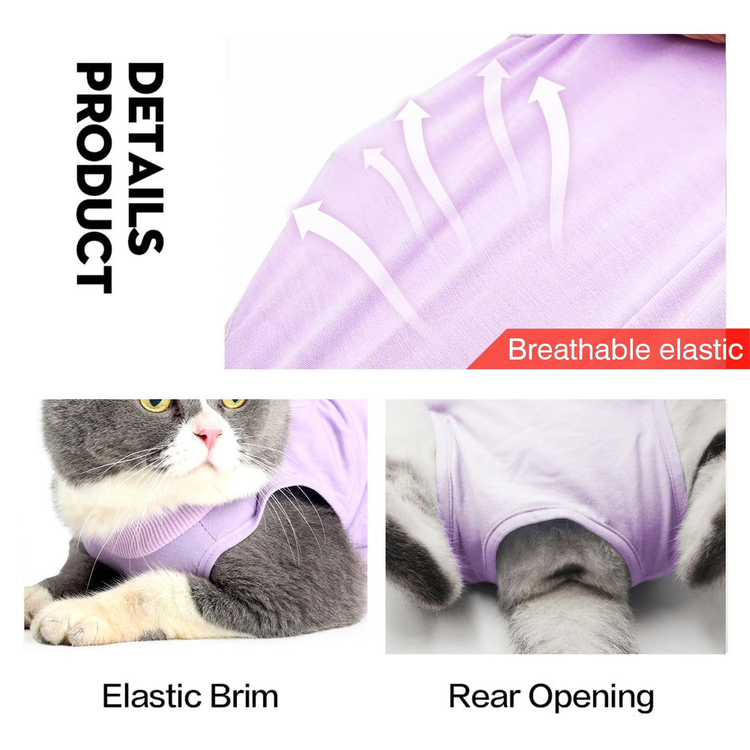 Cat Recovery Suit for Male and Female Surgical Post Surgery Soft Cone Onesie Shirt Clothes Neuter Licking Protective Diapers Outfit Cover Kitten Spay Collar(M, Purple)