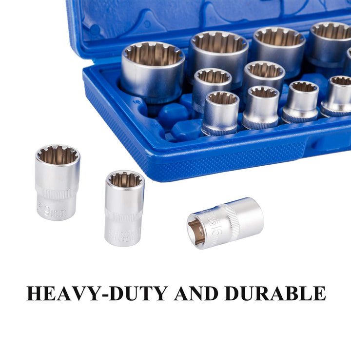 19pcs 1/2 Drive Universal Spline Socket Set, Metric 8-32mm 12-point Cr-V Socket Set