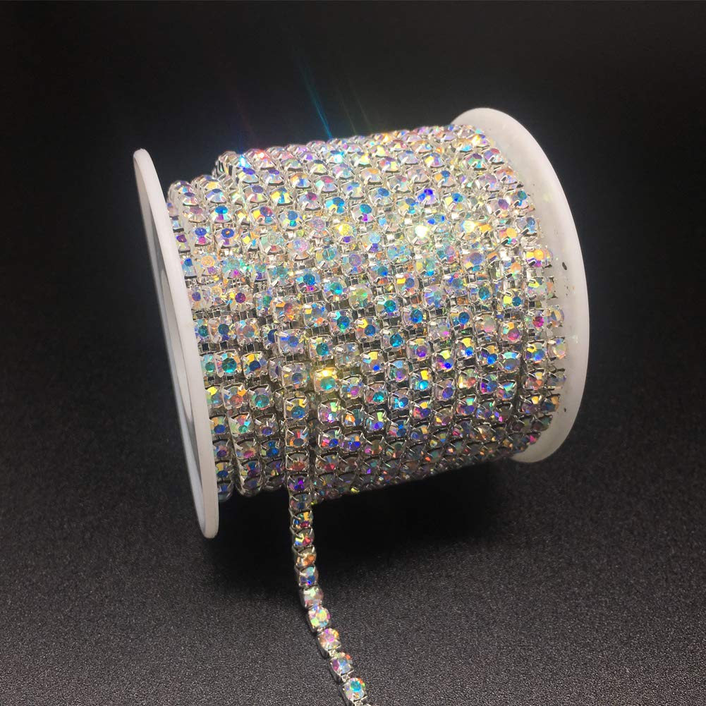 1 Roll 10 Yards Rhinestone Chain, Crystal Rhinestones Close Chain, Sew on Crystal Rhinstone Chain Trim, Crystal Claw Cup Chain Roll (Crystal AB, SS16 4MM)