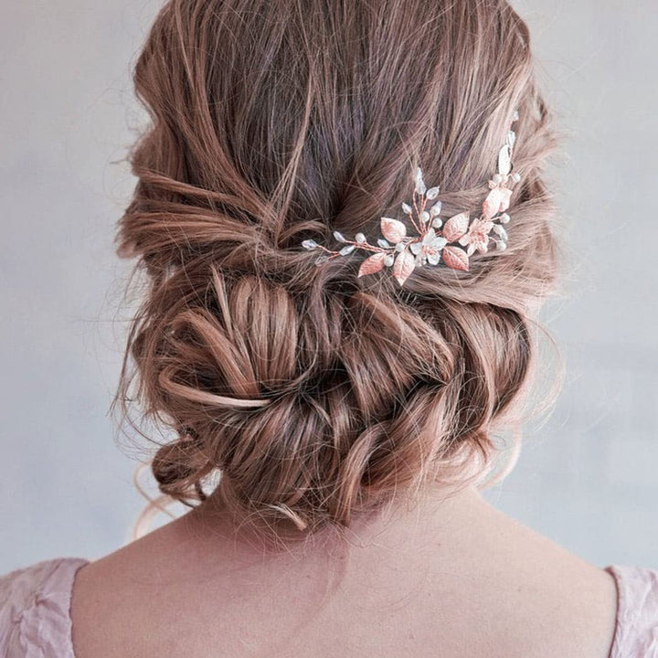 Leaf Bride Wedding Hair Combs Flower Bridal Hair Piece Pearl Rhinestone Hair Accessories for Women and Girls (Pack of 2) (Rose Gold)