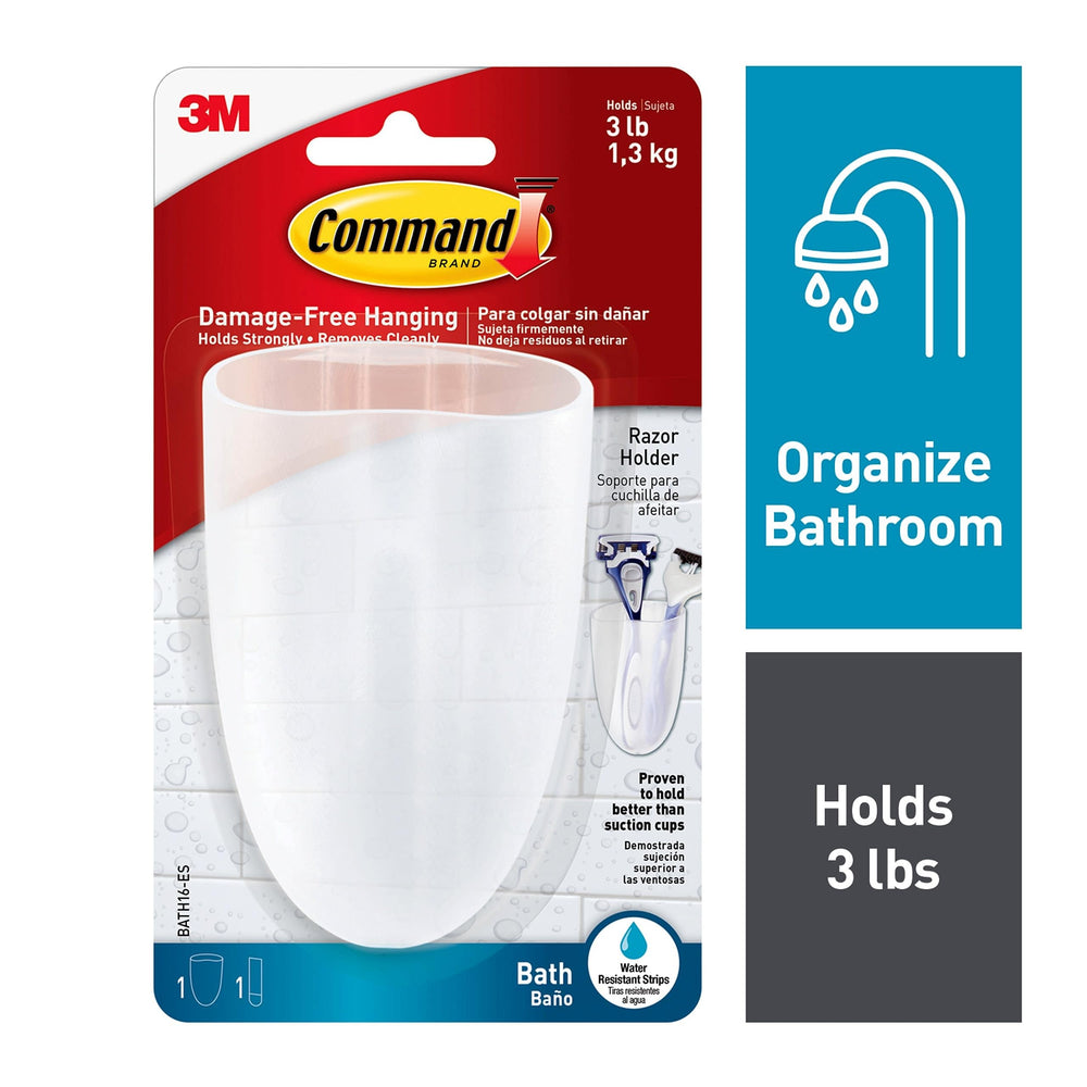Razor Holder, Holds up to 3 lb, Clear Frosted, 4 x 2.5 x 1.5 1 Holder with 1 Medium Water-Resistant Strip, Damage Free Bathroom Organization for Razors or Toothbruses