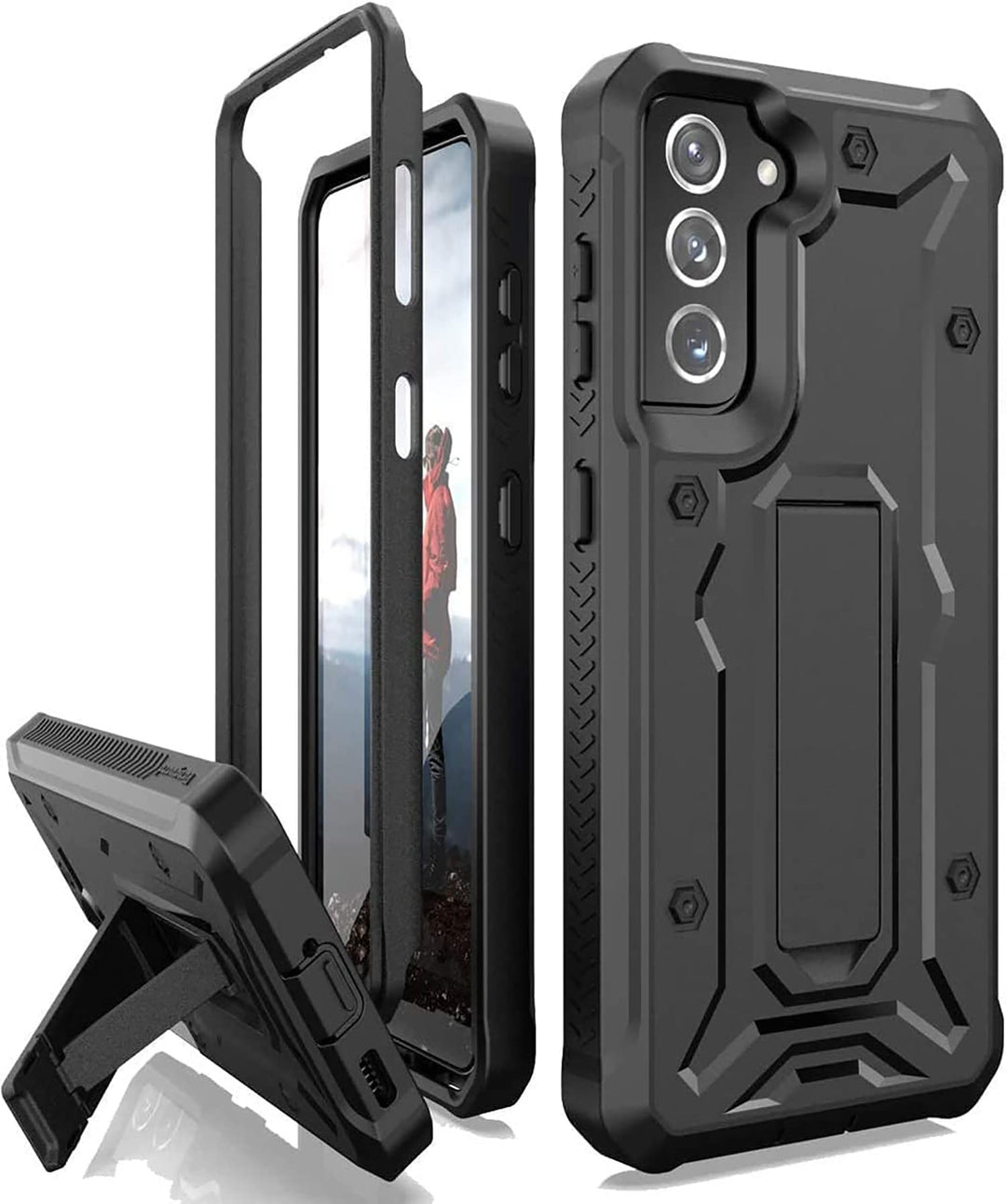 CaseBorne V Compatible with Samsung Galaxy S21 FE 5G Case (2022 Released), Full-Body Dual Layer Rugged Kickstand Case Screenless- Black