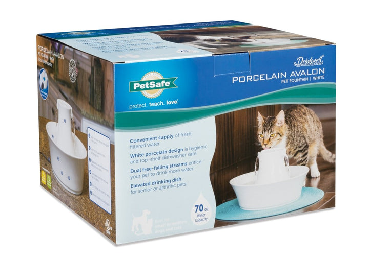 Drinkwell Avalon Ceramic Pet Water Fountain - Rust Resistant Automatic Water Dispenser for Cats and Small Dogs - 70 Ounce (2 Liter) - Dishwasher Safe, Filters Included - Circular Modern Design