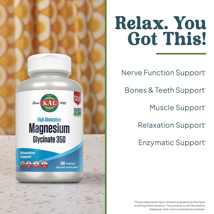 Magnesium Glycinate Capsules, Fully Chelated Magnesium Bisglycinate, High Absorption Magnesium Supplement, Healthy Bones, Muscle, Relaxation and Stress Support, Non-GMO 160 count