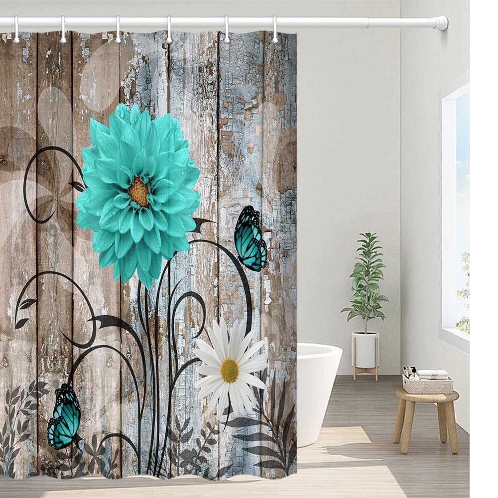 Rustic Floral Shower Curtain, Country Turquoise Blue Daisy Farmhouse Shower Curtain for Bathroom, Rustic Wooden Planks Shower Curtain Spring Shower Curtain Bathroom Set with Hooks, 36X72 Inch