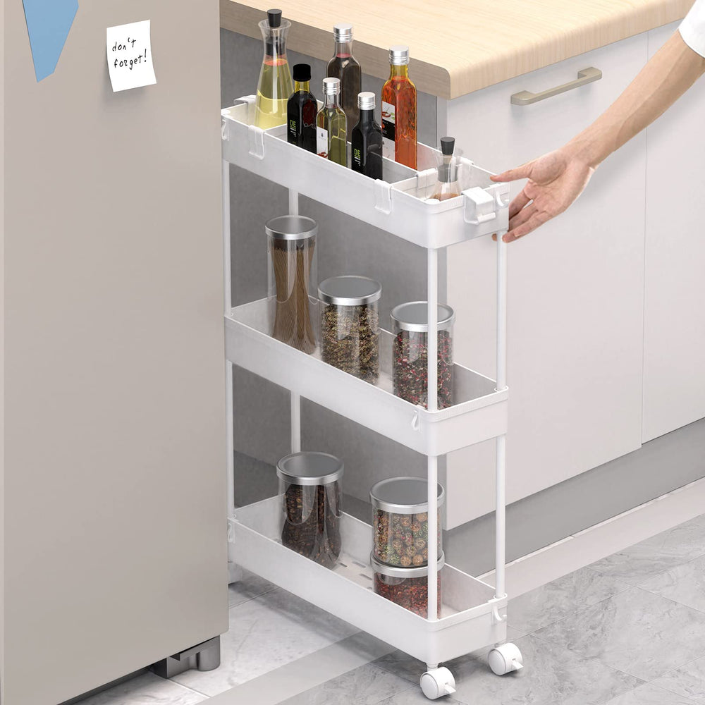 Slim Storage Cart,3 Tier Bathroom Rolling Utility Cart Slide Out Cart, Mobile Shelving Unit Organizer Trolley for Office Bathroom Kitchen Laundry Room Narrow Places, White