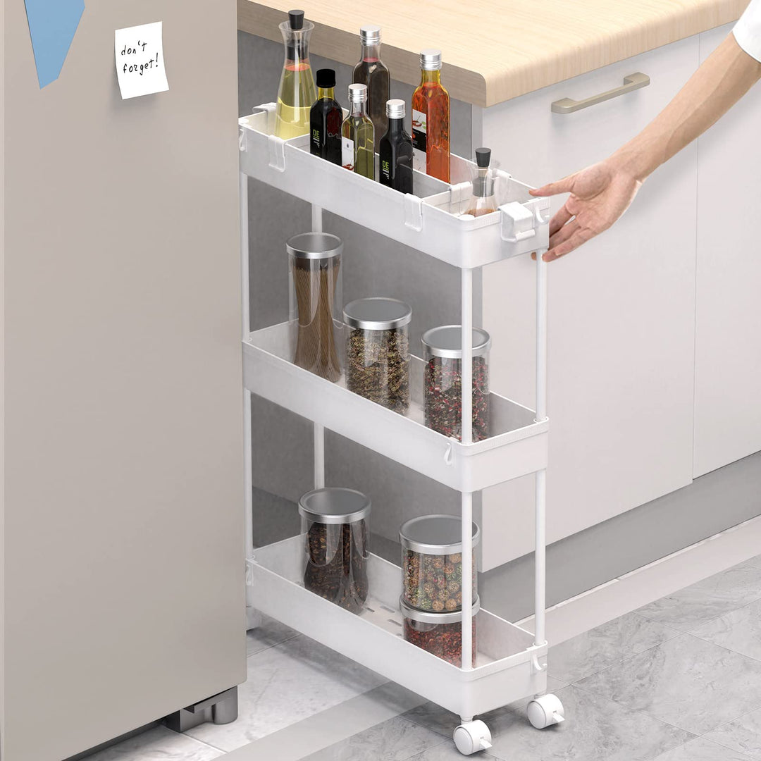 Slim Storage Cart,3 Tier Bathroom Rolling Utility Cart Slide Out Cart, Mobile Shelving Unit Organizer Trolley for Office Bathroom Kitchen Laundry Room Narrow Places, White