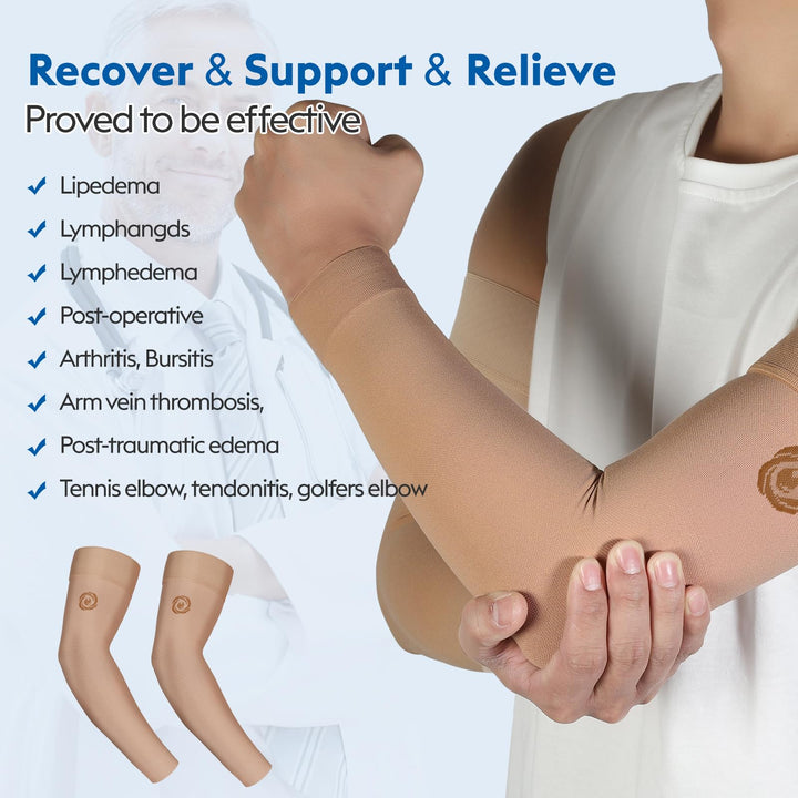 ® Medical Compression Arm Sleeve for Men Women, 2 Pack, No Silicone, Soft-in 20-30mmHg for Lymphedema, Lipedema, Pain Relief, Edema, Swelling, Post Surgery Recovery, Beige XL