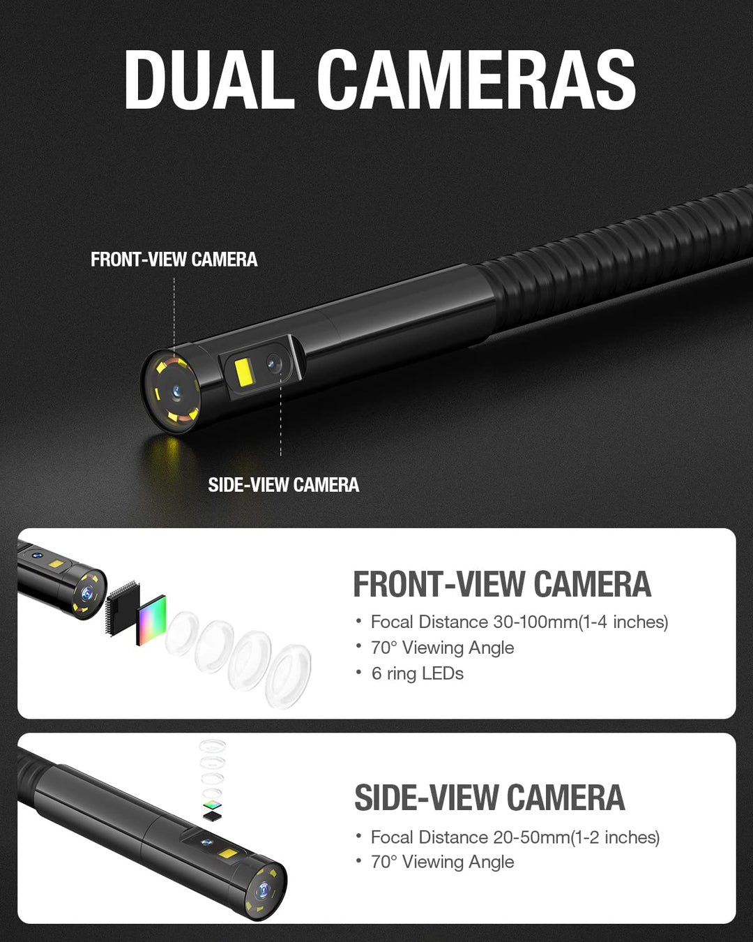 Inspection Camera, Dual Lens Endoscope Camera with Light 5 IPS Screen Digital Industrial Borescope,1080P Endoscope Waterproof Flexible Probe Borescope Camera with Light(16.5FT)
